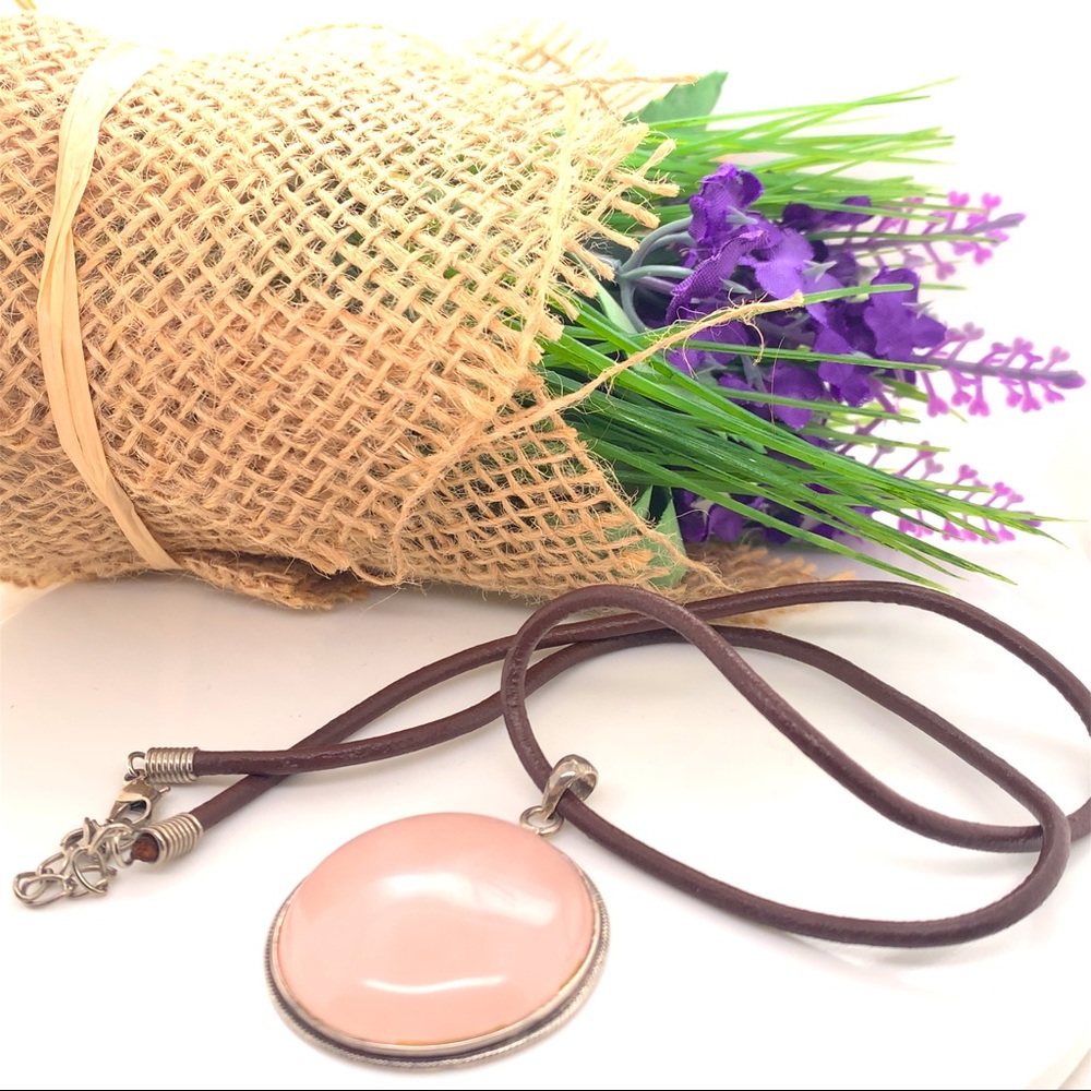 Authentic Sterling silver 30MM Cabochon Rose Quartz Cord Necklace 18”